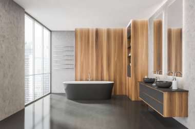 Panoramik banyo içi koyu gri, gürültü mermeri ve parlak ahşap malzemeler, bir küvet, iki lavabo, zarif bir askı ve beton döşeme. Moda tasarımı konsepti. 3d oluşturma