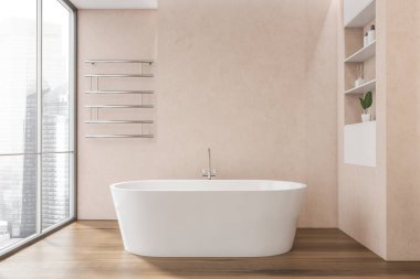 Pembe panoramik iç döşeme, açık raflar, zarif bir askı ve koyu ahşap zeminde duran beyaz bir küvet. Modern banyo tasarımı kavramı. 3d oluşturma