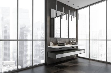 Koyu kahverengi panoramik banyo iç kısmının köşesinde raf kibri, yüzen bir tezgah, bir ayna ve beş kolye ışığı var. Döşeme döşemesi. Moda tasarımı konsepti. 3d oluşturma