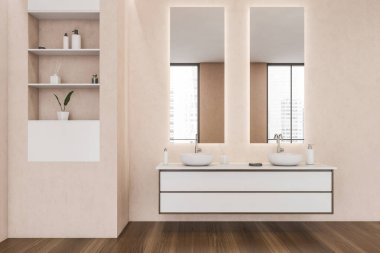 Pembe duvarları olan bir banyo, açık raflar, iki lavabosu ve iki aynası olan bir kibir. Koyu renk ahşap döşeme. Modern apartman tasarımı kavramı. 3d oluşturma