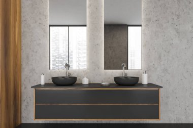 Banyonun içinde açık gri mermer duvarlar, iki dikey ayna ve ahşap detaylar ve yüzen iki lavabo olan koyu gri bir kibir var. Modern apartman tasarımı kavramı. 3d oluşturma