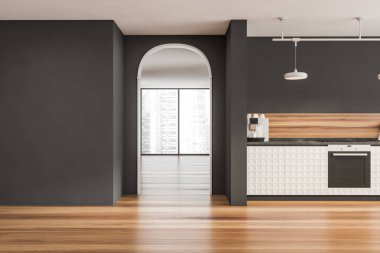 Kemer yolu ve arka planda bir sonraki panoramik iç mekanı olan şık gri ve beyaz mutfak alanı. Ahşap zemin. Modern şehir daire tasarımı kavramı. 3d oluşturma