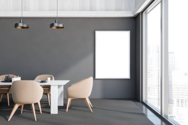Gri ve beyaz yemek odasının iç duvarında boş tuval, kolye lambaları, bej sandalyeler ve bir masa. Döşeme döşemesi. Modern ev ve restoran tasarımı kavramı. 3d oluşturma