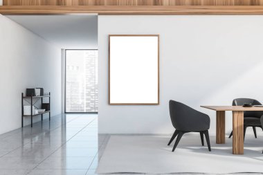 Yemek odasının iç tarafındaki beyaz duvarda boş tuval, içinde ahşap malzemeler, koyu gri sandalyeler, koridorda bir masa ve büfe var. Döşeme döşemesi. Modern yemek tasarımı konsepti. 3d oluşturma