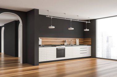 Gri mutfak iç mimarisi, sadeleştirilmiş dolaplar, üç lamba, parke zemin, kemer ve ahşap kaplama. Köşe manzarası. Modern apartman tasarımı kavramı. 3d oluşturma