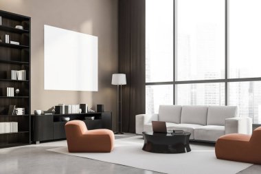 Beyaz, turuncu ve siyah mobilyalı, panoramik pencereli ve gri beton zeminli bej renkli oturma odası posterleri. İç tasarım konsepti. Köşe manzarası. 3d oluşturma