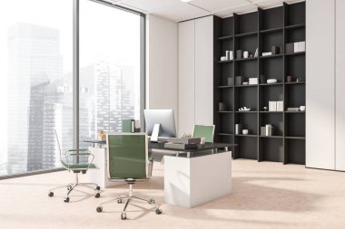 Beyaz ve bej panoramik ofis manzaralı yeşil tekerlekli sandalyeler, bir kitaplık ve çalışmak için bir yer. Beton zemin. Modern ofis tasarımı kavramı. 3d oluşturma