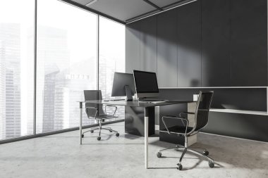 Panoramik gri ofis iç kısmının köşesinde bir masa kombinasyonu, iki ofis sandalyesi ve duvarın yanında şık bir dolap var. Beton zemin. Modern çalışma alanı tasarımı kavramı. 3d oluşturma