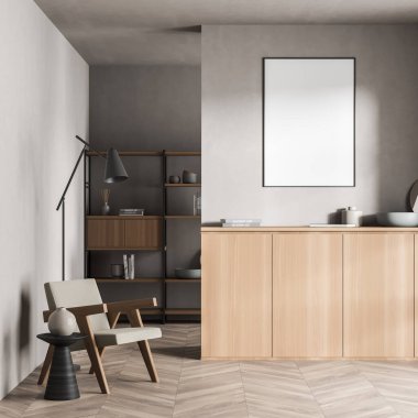 Büfe dolabının üzerindeki gri bej renkli oturma odası duvarında boş bir tuval ve içinde modaya uygun iç malzemeler olan tek bir koltuk. Arkaplanda raf ünitesi var. Parke zemin. Model yap. 3d oluşturma