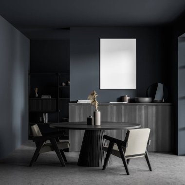 Koyu mavi ve gri yaşam alanında, yuvarlak bir masası, iki basit koltuğu, bir büfesi ve bir rafı olan bir poster. Beton zemin. Modern ev tasarımı kavramı. Model yap. 3d oluşturma