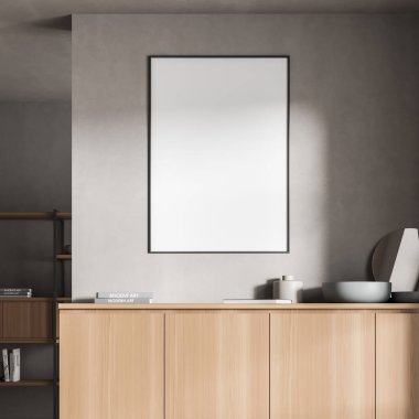 Oturma odasındaki büfenin üzerindeki gri duvardaki boş çerçeveli posterin arka planda bir raf ünitesi var. Model yap. 3d oluşturma