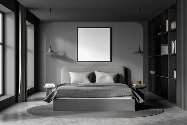 Schlafzimmereinrichtung Mit Bett Und Kissen Betonboden Und Bücherregal Mit Dekoration — Stockfoto