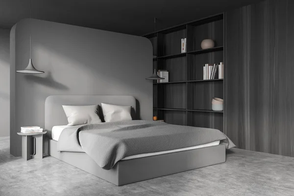 黑暗的卧室内部 有床和枕头 混凝土地板和有灯的咖啡桌 在有图书馆 3D渲染的卧室里模拟复制空间 — 图库照片