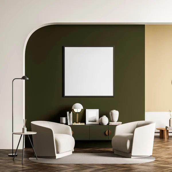 Square canvas in the seating area with green and beige design. Archway, two armchairs, sideboard, neat details and parquet floor. Mock up. Minimalist living room concept. 3d rendering