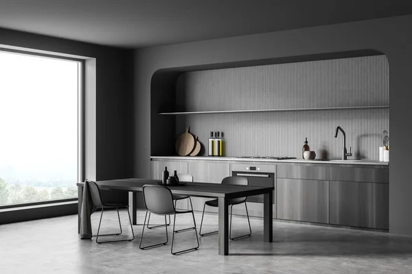 角落的观点 简约的黑暗灰色厨房内部与圆形的利基 细长的椅子在饭厅和混凝土地板 现代室内设计的概念 3D渲染 — 图库照片