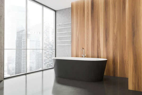 Corner Bathroom Interior Wood Materials Concrete Flooring Oval Dark Grey — Stock Photo, Image