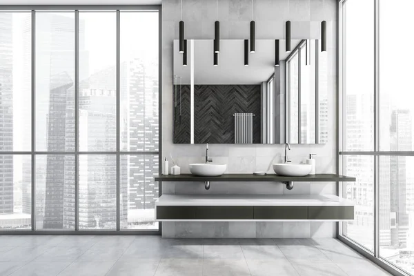 Light grey panoramic bathroom interior with a shelf vanity and a floating countertop, two wash basins, a mirror and five pendant lights. Tile floor. A concept of on trend sink design. 3d rendering