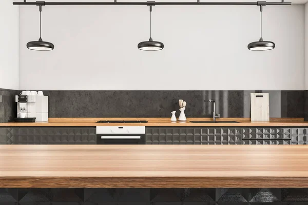 Vereinfachte Kücheneinrichtung Mit Stilvollem Schwarz Weiß Design Gestell Mit Drei — Stockfoto