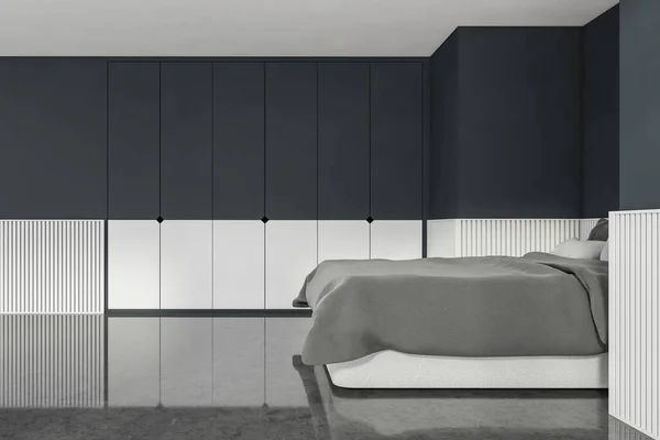 蓝色和灰色阴影的时髦卧室室内设计 混凝土地面 地下室 舒适的床和富有创意的衣柜 一个现代公寓的概念 3D渲染 — 图库照片
