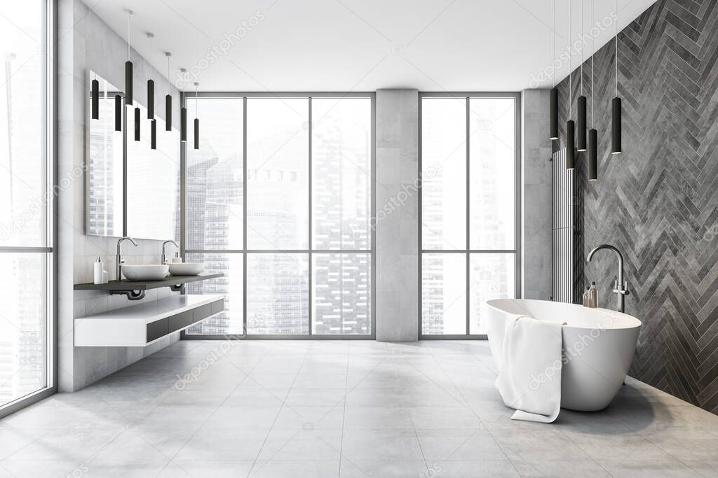 Modern bathroom interior with tub and two sinks with mirror, concrete floor, panoramic window with view on Moscow city. Minimalist room with modern furniture, 3D rendering