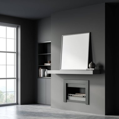 Şömineli karanlık bir sanat odası, beton zemin, kırsal pencereli. Kütüphane rafı, kitaplar ve vazolarla minimalist dekorasyon. Boş maket kopyalama alanı tuvali, 3B görüntüleme