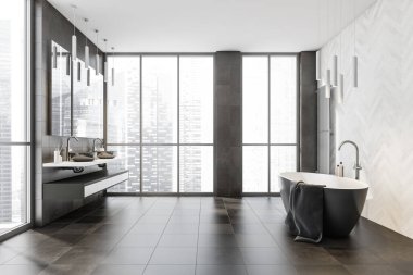 Küvetli modern banyo ve aynalı iki lavabo, kahverengi fayanslı zemin, Moskova manzaralı panoramik pencere. Modern mobilyalı minimalist oda, 3 boyutlu görüntüleme