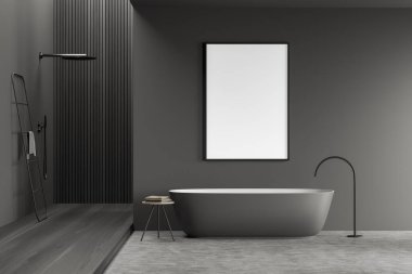 Koyu banyo içi gri küvetli ve minimalist duş havluyla kaplı merdiven manzaralı. Modern mobilyaları olan banyo ve gri duvardaki uzay çerçevesini kopyalamak, 3 boyutlu görüntüleme