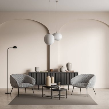 Bej oturma odası, iki sandalye ve halı kaplı beton zeminde sanat kitapları olan tuvalet. Kahve masalı minimalist dinlenme odası. Boşluk duvarını kopyala, 3B görüntüleme