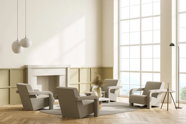 客厅内部有座位和咖啡桌 地毯和餐篮地板 侧视图 窗户与农村 带有简约家具的模拟空白墙 3D渲染 — 图库照片