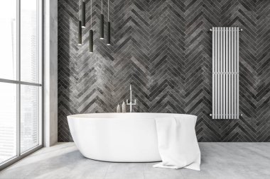 Banyonun içinde gri beton zemin üzerinde küvet var. Boşluk duvarını kopyala. Lamba ve kurutuculu minimalist modern tasarım, Moskova şehir manzaralı, 3D görüntüleme