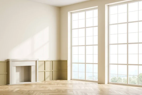 Soggiorno Beige Interno Con Camino Pavimento Parquet Finestra Panoramica Con — Foto Stock