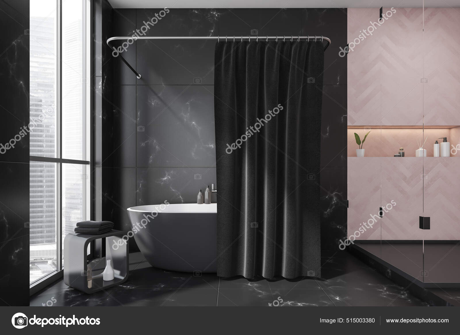 Pink Black Bathroom Design Using Glass Shower Cabin Niche Shelf Stock