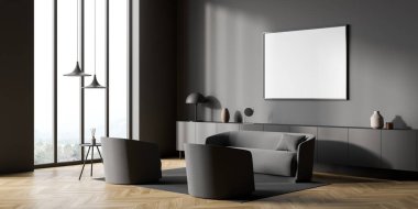 Gri oturma odası içi boş yatay tuval, ekstra uzun büfe, iki koltuk, kanepe, minimalist detaylar ve aksanlı parke. Model yap. Moda tasarımı kavramı. Köşe manzarası. 3d oluşturma