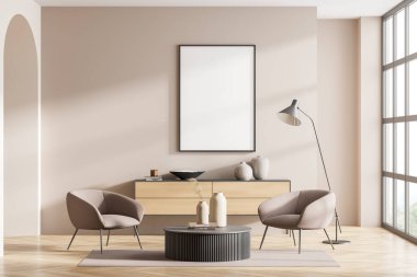 Bej oturma odasının içi panoramik pencereli boş bir çerçeve, iki koltuklu oturma alanı, yer lambası, parke, sehpa ve büfe. Modern ev tasarımı kavramı. Model yap. 3d oluşturma