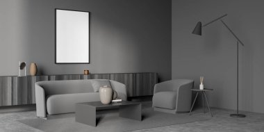 Gri oturma odasındaki boş tuval ekstra uzun ahşap büfe koltuklu kanepe, iki sehpa ve beton zemin. Model yap. Moda tasarımı kavramı. Köşe manzarası. 3d Kırpma