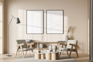 Bej oturma odasının duvarında iki boş tuval, iki basit koltuk, sehpa kombinasyonu, düşük raf, halı ve lamba ile döşenmiş. Parke. Model yap. Modern ev tasarımı kavramı. 3d oluşturma