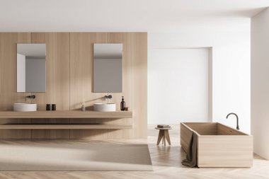 Modern dikdörtgen banyo küveti, yüzen kibir, iki ayna, bej halı ve arka planda beyaz duvarlar olan ahşap bir banyo. Parke tarzı zemin. Moda evi tasarımı kavramı. 3d oluşturma
