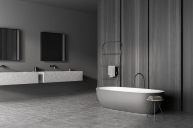 Gri banyo içinin köşesinde, rafların üzerinde iki kare ayna, lavabo ve oval seramik küvetin yanındaki taburede. Beton zemin. Modern tasarım kavramı. 3d oluşturma