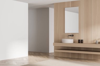 Ahşap banyo manzarası, modern yüzen kibir, ayna, bej halı ve boş beyaz duvarlar. Parke tarzı zemin. Moda tasarımı ve minimalist konsept üzerine. 3d oluşturma