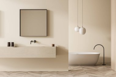 Lavabosu ve bej duvarında kare aynası olan raf süsleme alanı. Modern oval beyaz banyo küveti ve arka planda bedava ayakta duran musluk. Parke. Moda banyo iç tasarım konsepti. 3d oluşturma
