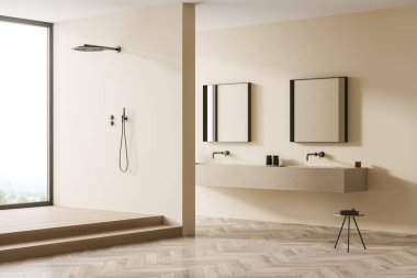 Taburesi, bej duvarları, kare aynaları, çift gösterişli ahşap döşemeleri ve yerden tavana penceresi olan büyük bir kabini olan minimalist duş odası. Modern tasarım kavramı. 3d oluşturma