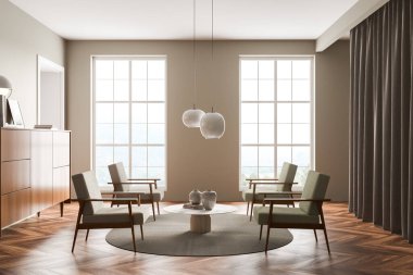 Açık yeşil oturma odasının içinde dört koltuk, iki pencere, trend lambaları, büfe, yuvarlak sehpa, perde ve parke döşeme. Modern ev tasarımı kavramı. 3d oluşturma