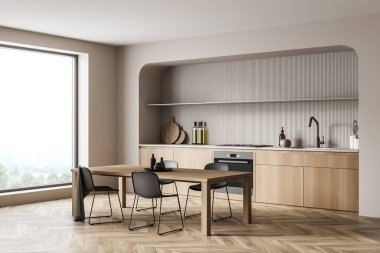 Minimalist bej ahşap mutfak manzarasının köşesinde yuvarlak bir oyuk, yemek alanında ince siyah sandalyeler ve parke döşeme. Modern ev tasarımı kavramı. 3d oluşturma