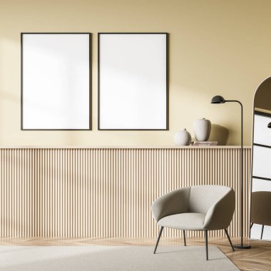 İçerisi bej koltuklu halılı, dinlenme odası çekmecesi dekoratif ve aynalı, parke zemin. Açık sarı duvardaki boş tuval kopyalama alanı, 3D görüntüleme