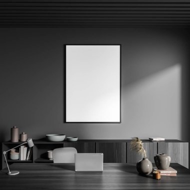 Karanlık işler CEO 'su masa ve dizüstü bilgisayarlı iç mekan. Sanat dekorasyonu, kitapları, seramik tabağı ve vazosu olan çekmece. Boşluk tuval boş çerçeve kopyala, 3B görüntüleme