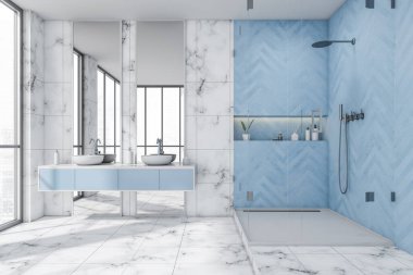 Beyaz ve mavi duş odası tasarımı. Mutfak duş kabini, uygun bir raf ve iki dikey aynalı modern bir gösteriş. Döşeme döşemesi. İki tonlu duvar. Modern bir iç mekan konsepti. 3d oluşturma