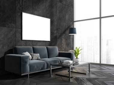 Modern oturma odası, mavi kanepe ve dizüstü bilgisayarlı kahve masası şehir manzaralı panoramik pencere, parke zemin üzerinde lamba ve bitki. Boşluk kopyalama alanı çerçevesi duvarda, 3B oluşturma