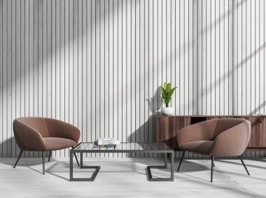 Misafir odasının içinde kahve masalı iki kahverengi sandalye ve beyaz parke zeminde klozet. Eski mobilyalarla rahatlayan minimalist. Boşluk duvarını kopyala, 3B görüntüleme