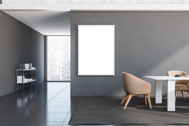 Yemek odasının iç tarafındaki gri duvarda boş tuval, bej sandalyeler, koridorda bir masa ve büfe. Döşeme döşemesi. Modern yaşam alanı tasarımı kavramı. 3d oluşturma