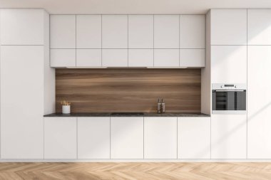 Mutfak dolabının içi ahşap kaplamalı ve parke döşemeli. Modern minimalist konsepte sahip beyaz tasarım. 3d oluşturma